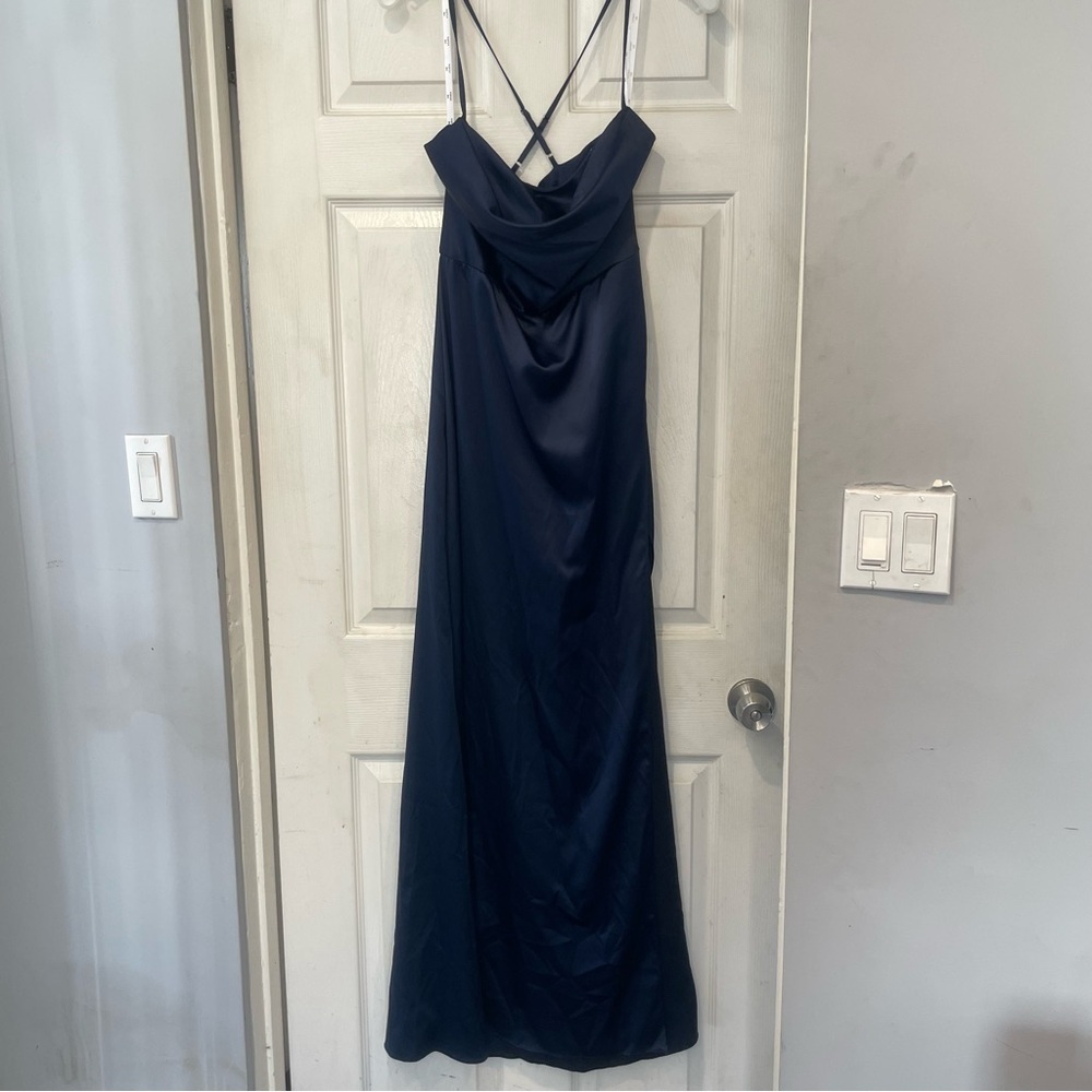 David’s Bridal Navy Bridesmaid Dress Cowl Neck Slit | Size 8 | STYLE# DS270091 - Picture 2 of 8